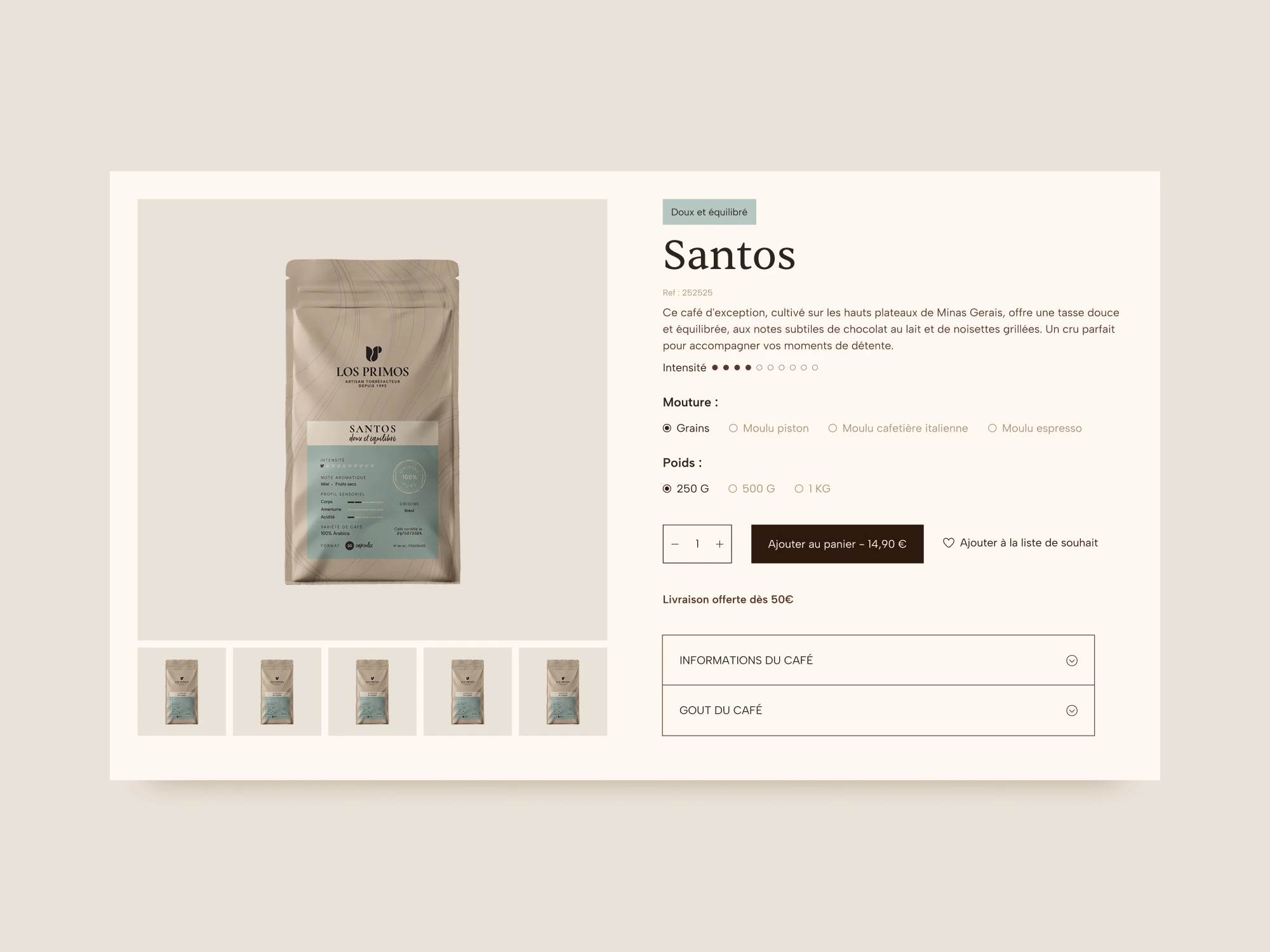 Section e-commerce d'un café