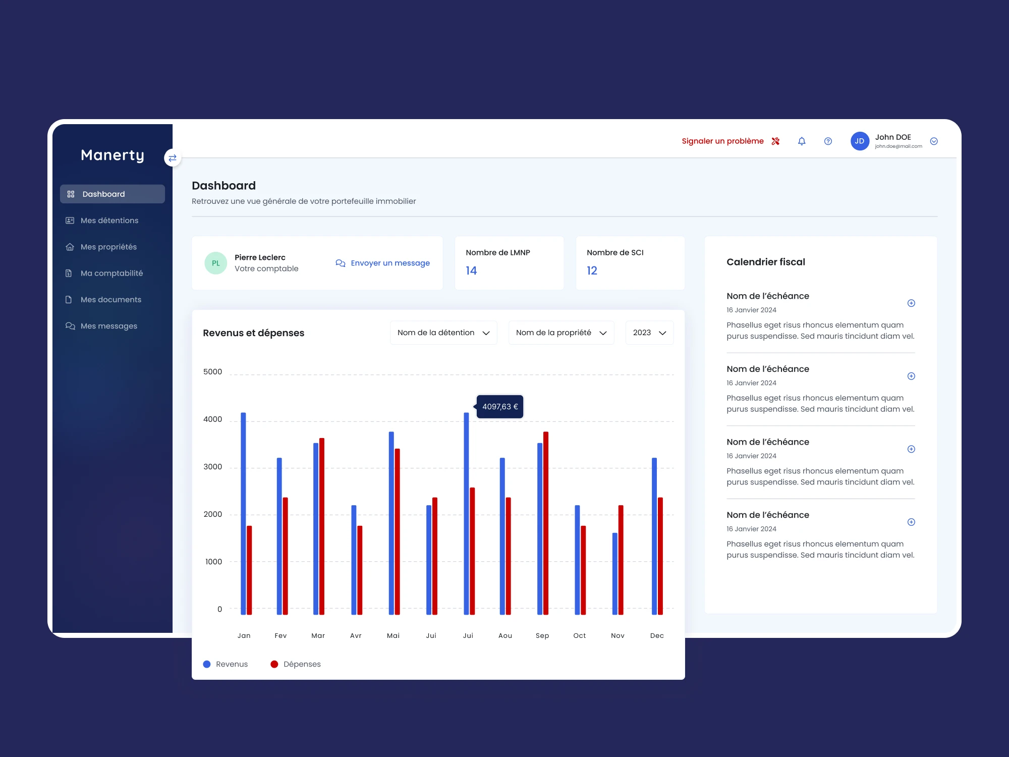 Écran de dashboard propriétaire